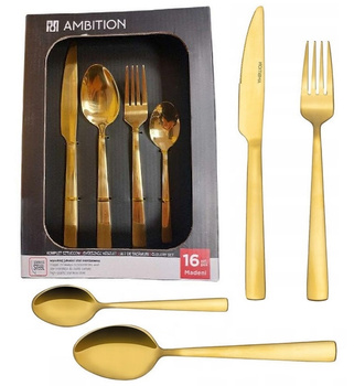 Sztućce Ambition Madeni zestaw 16 elementów obiadowe złote gold komplet dla 4 osób kolorowe nowoczesne modern do zmywarki