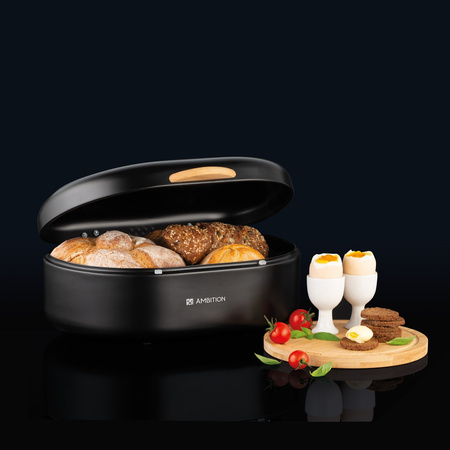 Ambition chlebak stalowy Olivier czarny pojemnik na chleb bułki pieczywo nowoczesny z drewnianym bambusowym uchwytem