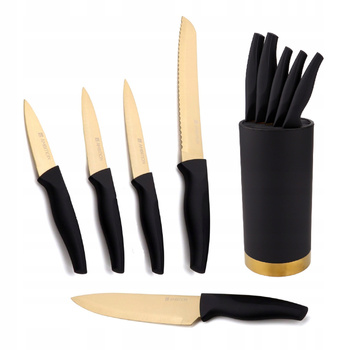 Ambition komplet noży Royal w czarnym bloku ostre noże kuchenne czarne z powłoką tytanową nowoczesne w stojaku zestaw 5 sztuk