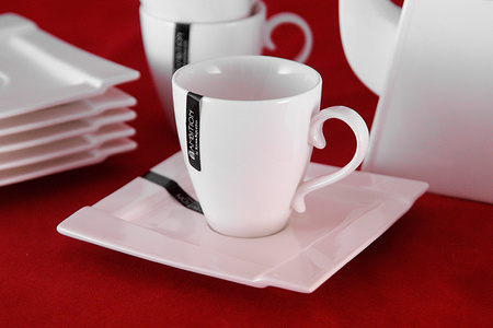 Ambition porcelana Kubiko biała serwis do kawy herbaty nowoczesny kwadratowy zestaw 17 elementów dla 6 osób