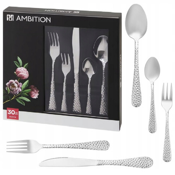 Sztućce Ambition Bubble zestaw 30 obiadowe komplet dla 6 osób z widelczykami do ciasta tłoczone z wzorem nowoczesne nierdzewne