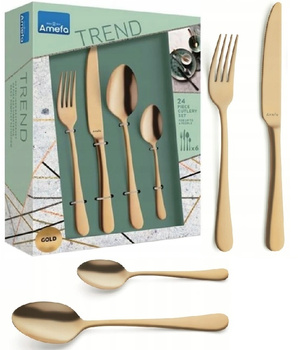 Amefa sztućce Austin Trend Gold zestaw 24 obiadowe ZŁOTE komplet dla 6 OSÓB nowoczesne gładkie bez wzoru bez niklu 18/0