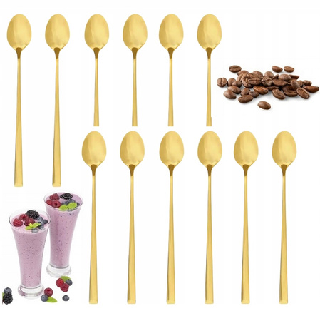 Sztućce Ambition Como Gold zestaw 12 sztuk długie złote łyżeczki do kawy latte deserów lodów koktajli dla 12 osób nowoczesne