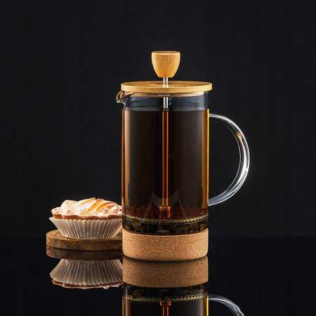 Ambition zaparzacz Natural szklany tłokowy dzbanek do kawy herbaty ziół z pokrywką z drewna bambusowego i korkową podstawką 1l