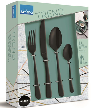 Amefa sztućce Austin Trend Black zestaw 24 obiadowe CZARNE komplet dla 6 OSÓB nowoczesne gładkie bez wzoru nierdzewne bez niklu 18/0