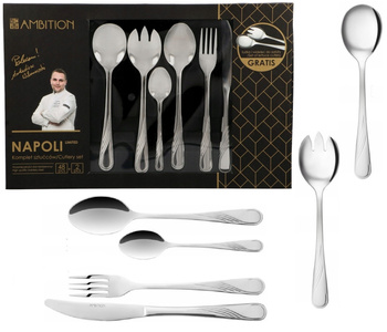 AMBITION NAPOLI zestaw 50 sztućce nierdzewne na 12 osób 48 elementów +  komplet widelec łyżka do sałatek połysk