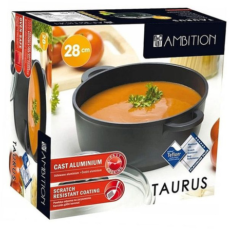 Ambition patelnia głęboka 28 cm Taurus z dwoma uchwytami pokrywą żaroodporną brytfanna z aromatyzerem do piekarnika na indukcję gaz