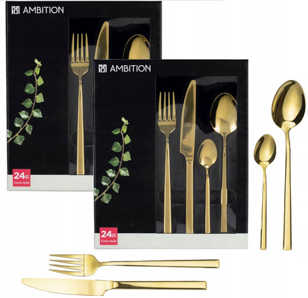 Sztućce Ambition Como zestaw 48 sztuk złote gold dla 12 osób kolorowe nowoczesne modern komplet do zmywarki 