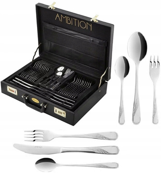 Sztućce Ambition Napoli zestaw 84 sztućce dla 12 osób komplet obiadowe do deserów i serwowania potraw sztućce w walizce