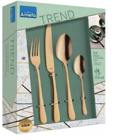 Amefa sztućce Austin Trend Gold zestaw 24 obiadowe ZŁOTE komplet dla 6 OSÓB nowoczesne gładkie bez wzoru bez niklu 18/0