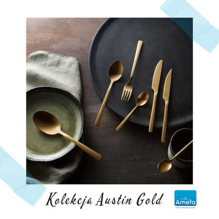 Amefa sztućce Austin Trend Gold zestaw 24 obiadowe ZŁOTE komplet dla 6 OSÓB nowoczesne gładkie bez wzoru bez niklu 18/0
