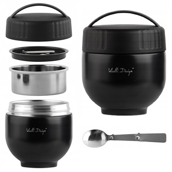 VIALLI DESIGN FUORI termos obiadowy z pojemnikiem i łyżką  na zupę jedzenie mięso czarny 680 ml