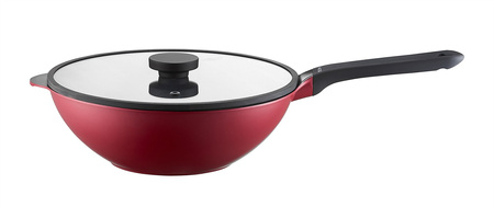 Ambition wok Noel 30 cm duży czerwony patelnia z powłoką nieprzywierającą z pokrywą do dań chińskich z powłoką nieprzywierającą na gaz indukcję