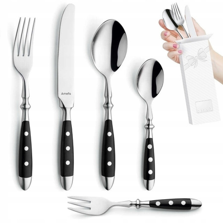 Amefa sztućce Country Vintage zestaw 30 sztuk dla 6 osób obiadowe czarne retro z widelczykami do ciasta  bez niklu 18/0