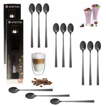 Sztućce Ambition Como Black zestaw 12 sztuk czarne długie łyżeczki do kawy latte herbaty lodów deserów kaktajli dla 12 osób do zmywarki