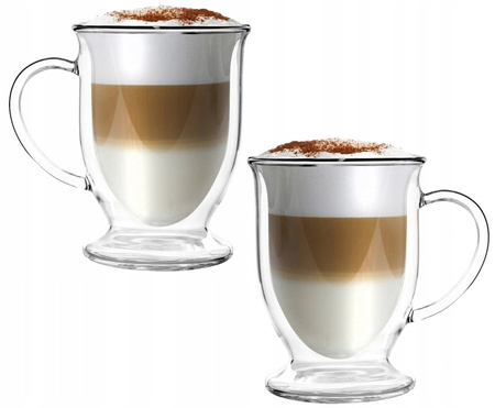 VIALLI DESIGN 2 szklanki kubki  TERMICZNE do kawy herbaty AMO 250 ml + 2 łyżeczki długie do latte Amefa Bologna