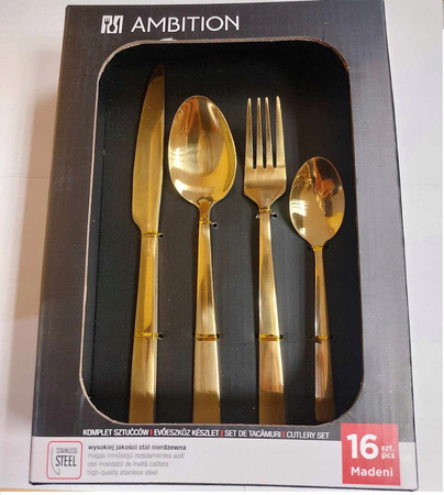 Sztućce Ambition Madeni zestaw 16 elementów obiadowe złote gold komplet dla 4 osób kolorowe nowoczesne modern do zmywarki 