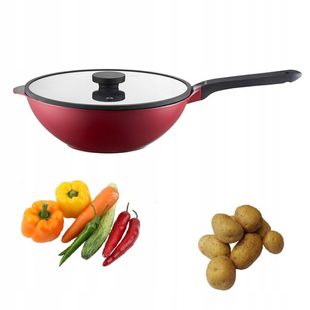 Ambition wok Noel 30 cm duży czerwony patelnia z powłoką nieprzywierającą z pokrywą do dań chińskich z powłoką nieprzywierającą na gaz indukcję