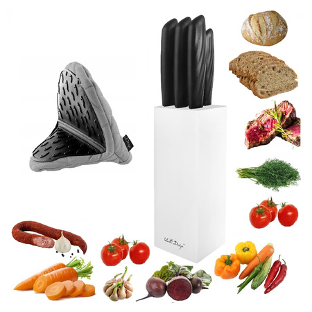 Vialli Design zestaw 5 noży kuchennych czarnych ze stali nierdzewnej w białym bloku oraz rękawica kuchenna do piekarnika 