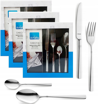 Sztućce Amefa Dakota 72 sztućce nowoczesne dla 18 osób komplet  3 x 24 elem. obiadowe nierdzewne bez niklu
