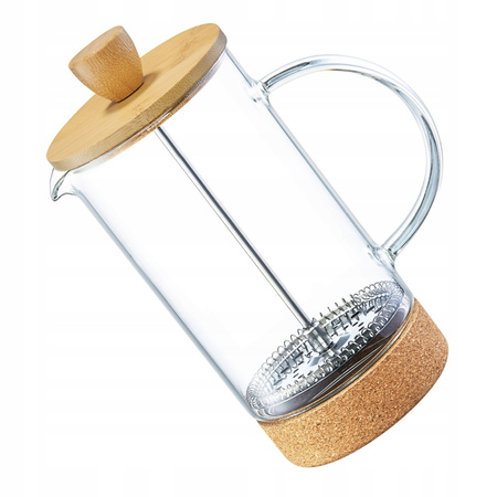 Ambition zaparzacz Natural szklany tłokowy dzbanek do kawy herbaty ziół z pokrywką z drewna bambusowego i korkową podstawką 1l