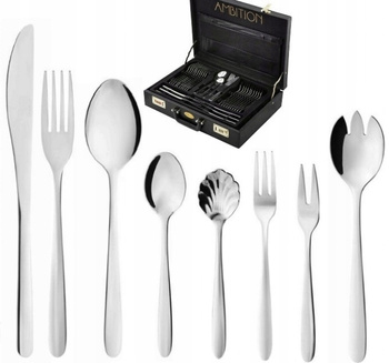 Sztućce Ambition Roma 72 elementy nierdzewne bez wzoru sztućce w WALIZCE zestaw z widelczykami i dodatkami komplet dla 12 osób