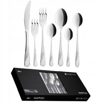 AMBITION NAPOLI 42 sztućce nierdzwne zestaw na 6 osób komplet 24 obiadowe 6 łyżeczki do latte,  kawy, widelczyki do ciasta połysk