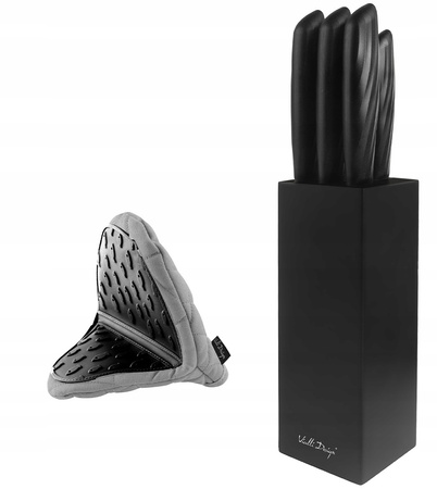 Vialli Design zestaw 5 noży kuchennych czarnych Caro ze stali nierdzewnej w czarnym bloku oraz rękawica kuchenna do piekarnika