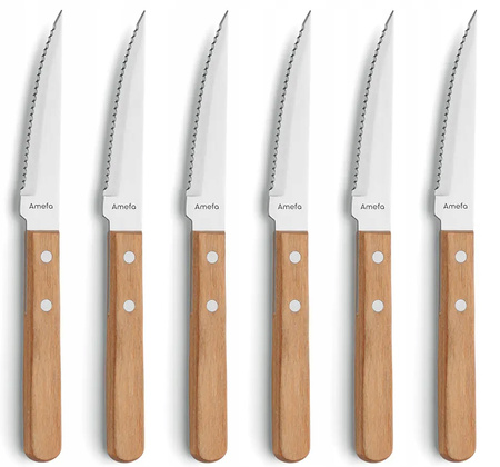 Amefa 12 sztućce stekowe 7000 zestaw 6 ostry nóż stekowy z ząbkami 6 widelec styl country do steków pizzy schabowego jasne drewno