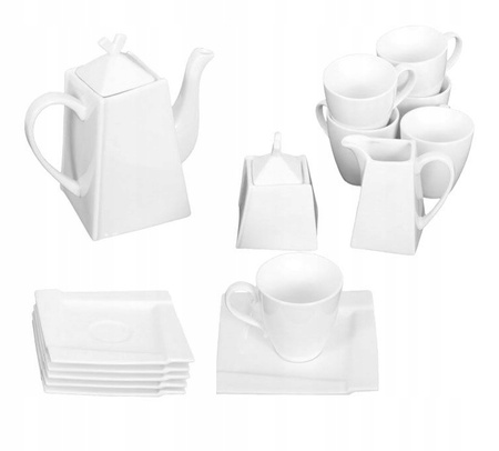 Ambition porcelana Kubiko biała serwis do kawy herbaty nowoczesny kwadratowy zestaw 17 elementów dla 6 osób