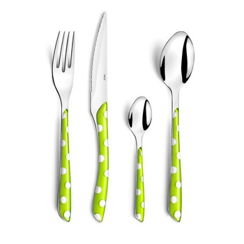 Sztućce Amefa Eclat Pois 24 elementy zestaw dla 6 osób nowoczesne zielone w kropki obiadowe śniadaniowe do kolacji bez niklu