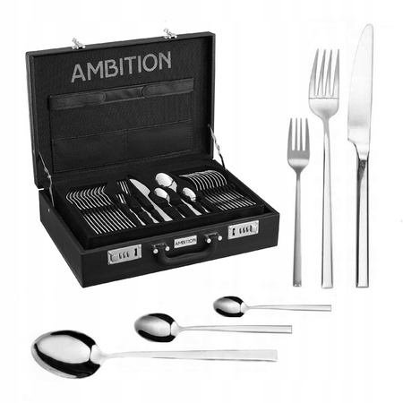 Sztućce Ambition Como srebrne zestaw 72 sztuki dla 12 osób komplet obiadowe deserowe nowoczesne sztućce w walizce