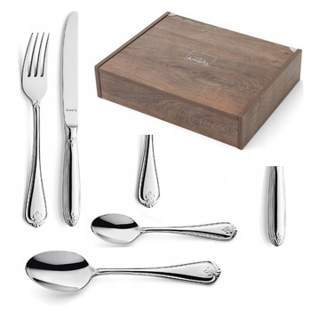 Sztućce Amefa Duke 24 sztuki komplet dla 6 osób sztućce retro z wzorem zestaw w kasecie drewnianej premium stal 18/10