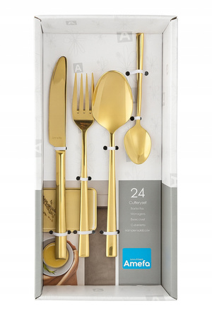 Sztućce Amefa Metropole złote gold zestaw 24 elementy nierdzewne komplet dla 6 osób nowoczesne eleganckie gładkie bez wzoru 