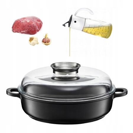 Ambition patelnia głęboka 28 cm Carbon z dwoma uchwytami pokrywą żaroodporną brytfanna do piekarnika z aromatyzerem indukcję gaz