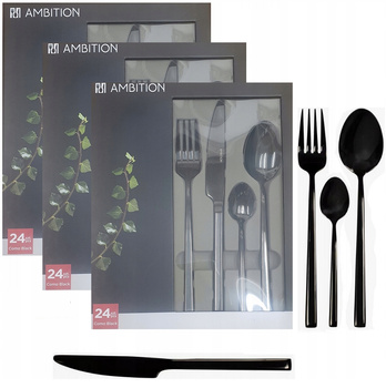Sztućce Ambition Como  72 zestaw czarne black dla 18 osób kolorowe nierdzewne komplet nowoczesne do zmywarki