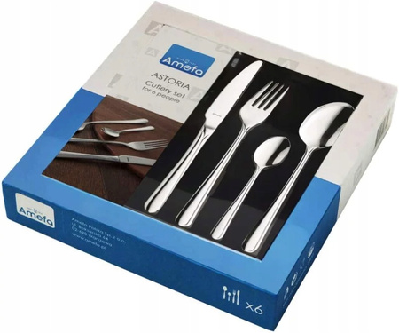 Sztućce Amefa Astoria zestaw 24 sztuki komplet dla 6 osób obiadowe nierdzewne eleganckie z wzorem bez niklu 18/0 w pudełku