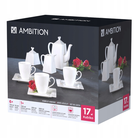 Ambition porcelana Kubiko biała serwis do kawy herbaty nowoczesny kwadratowy zestaw 17 elementów dla 6 osób