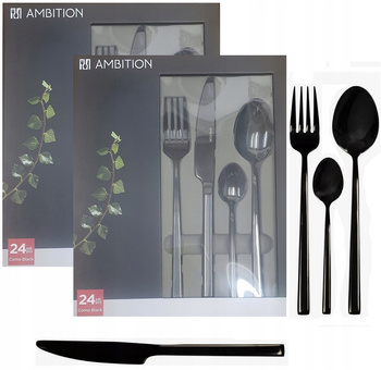 Sztućce Ambition Como 48 zestaw czarne black dla 12 osób kolorowe nowoczesne modern nierdzewne do zmywarki