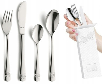 Amefa 4 sztućce dziecięce zestaw dla dziecka Teddy Bear 4310 Miś komplet nóż widelec łyżka łyżeczka z misiami 18/10