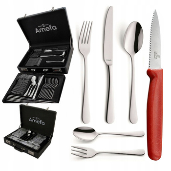 Amefa sztućce Austin zestaw 65 w walizce komplet dla 12 OSÓB z widelczykami do ciasta tortu nierdzewne bez wzoru bez niklu 18/0