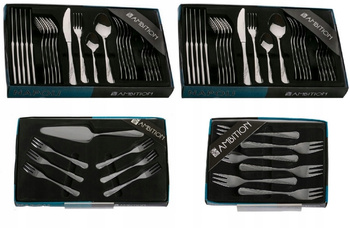 AMBITION NAPOLI 61 sztućce nierdzewne zestaw dla 12 osób komplet 48 obiadowe 12 widelczyki do ciasta 1 łopatka połysk