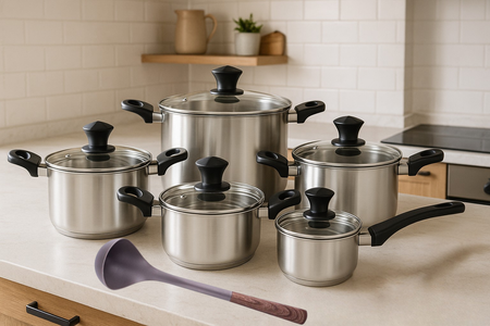 AMEFA SAHARA 10 elem. zestaw GARNKI NIERDZEWNE na indukcję gaz komplet z pokrywkami szklanymi  i czarnymi uchwytami do zmywarki