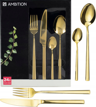 Sztućce Ambition Como zestaw 24 sztuki złote gold dla 6 osób kolorowe nowoczesne modern komplet do zmywarki