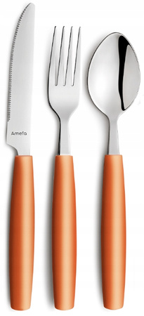 Amefa sztućce dziecięce zestaw 3 dla dziecka kolorowe pomarańczowe mango Pixel nóż widelec łyżka bez niklu do przedszkola