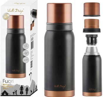 Vialli Design Fuori termos 1 L stalowy próżniowy turystyczny podróżny do herbaty kawy czarny złoty z 2 kubkami