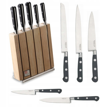 Amefa Richardson Sheffield zestaw 5 noży w bloku SABATIER TROMPETTE R080 komplet nierdzewne kute na stojaku drewnianym