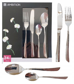 Ambition sztućce Wave zestaw 24 obiadowe ze stali nierdzewnej komplet dla 6 osób nowoczesne gładkie bez wzoru do zmywarki