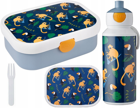 MEPAL zestaw 2 lunchbox śniadaniówka dla dziecka pojemnik bento na kanapki warzywa owoce, butelka bidon z ustnikiem Jungle Małpki 