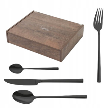 Sztućce Amefa Metropole czarne black zestaw 24 elementy w kasecie drewnianej komplet dla 6 osób nowoczesne gładkie bez wzoru